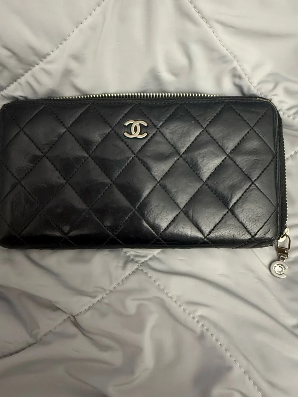 CHANEL Black Quilted Leather Wallet with Silver CC Logo